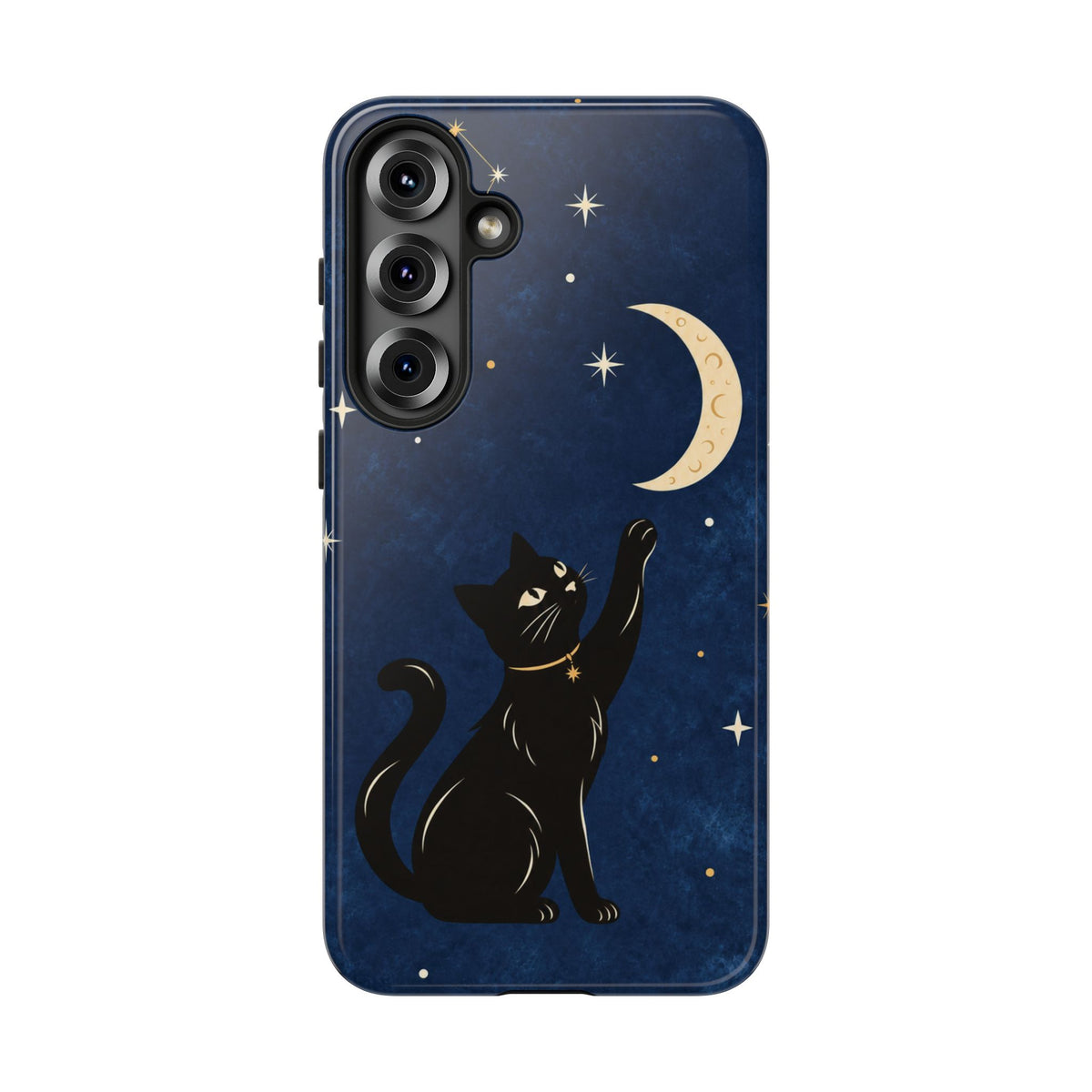Whimsical Navy Blue Celestial Black Cat Phone Case