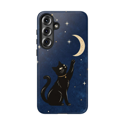 Whimsical Navy Blue Celestial Black Cat Phone Case
