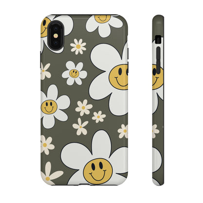 iPhone XS MAX / Glossy Phone Case - Fun Retro Daisy Pattern with Olive Green Background Phone Case