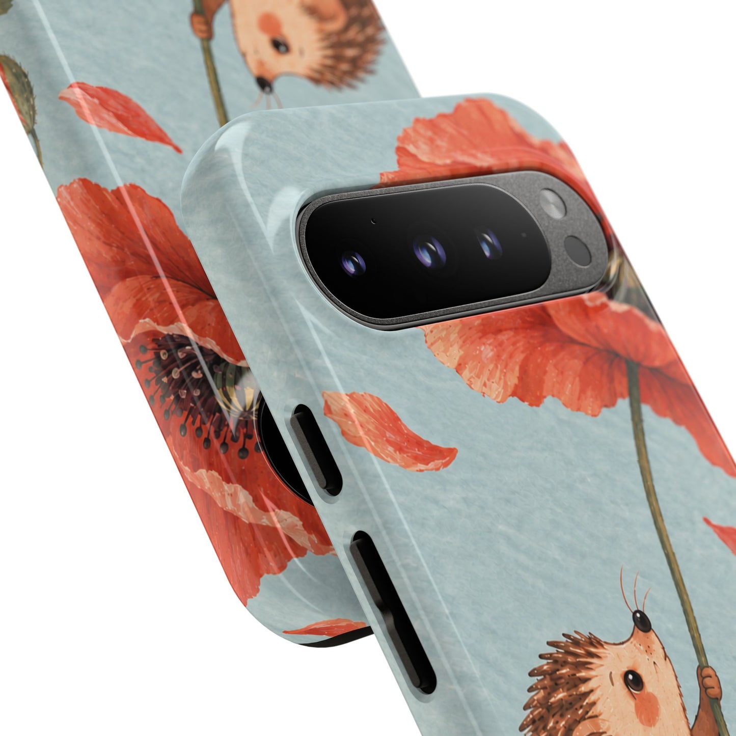 Whimsical Pale Blue Hedgehog and Poppy Phone Case - Blue Phone Case