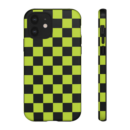 iPhone 12 / Glossy Phone Case - Trendy Neon Lime Green & Black Checked Pattern Phone Case