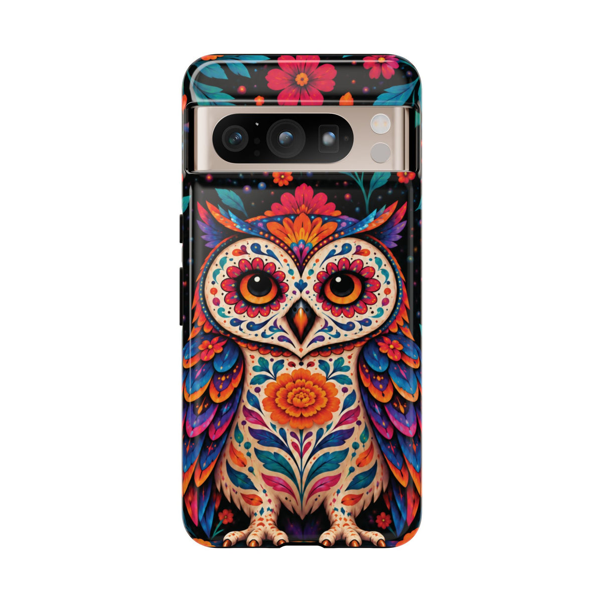 Vibrant Orange and Turquoise Calavera Owl Phone Case - Multicolor Phone Case - Google Pixel 8 Pro / Glossy