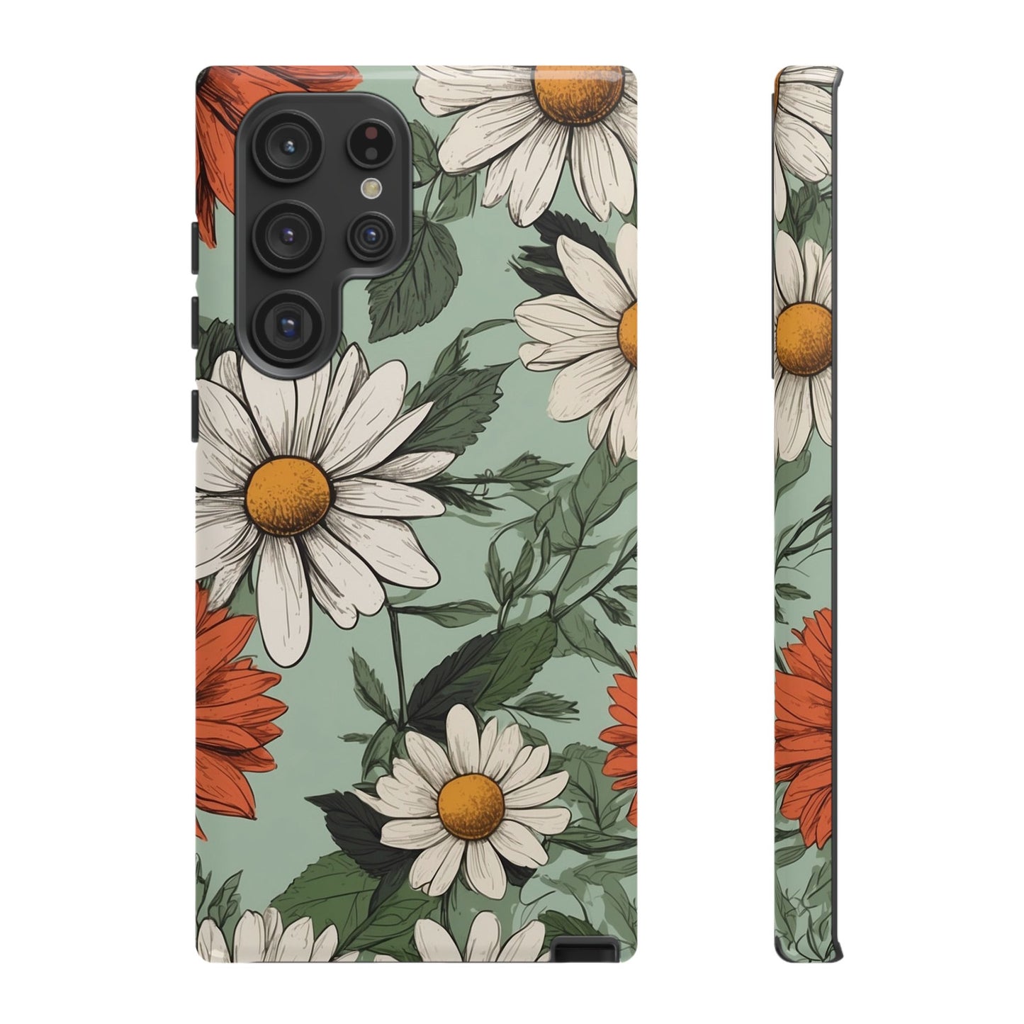 Samsung Galaxy S22 Ultra / Glossy Phone Case - Boho Chic Daisies Floral Pattern ’White & Orange’ Phone Case