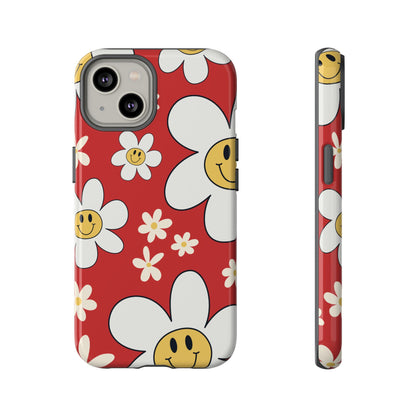 iPhone 14 / Glossy Phone Case - Fun Retro Daisy Pattern with Red Background Phone Case