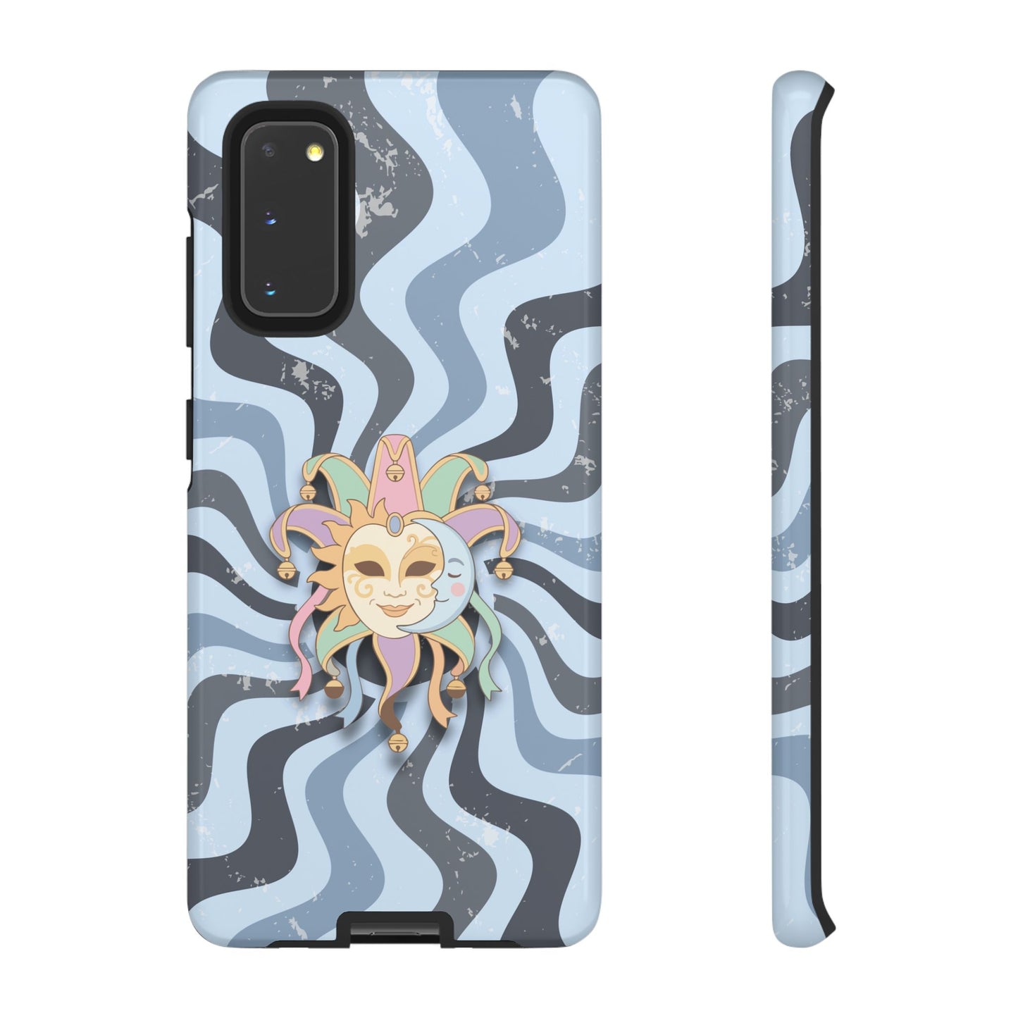 Samsung Galaxy S20 / Glossy Phone Case - Sun & Moon Jester Mask – Blue Retro Wave Phone Case