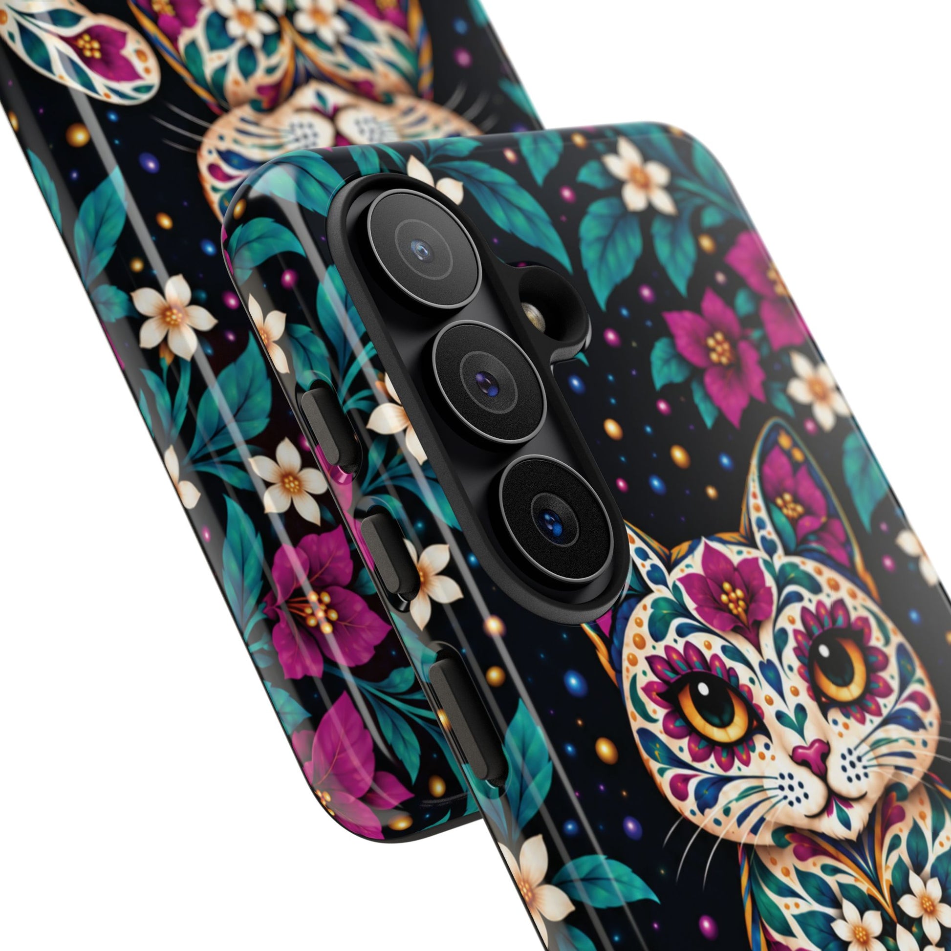 Vibrant Purple and Teal Calavera Cat Phone Case - Multicolor Phone Case