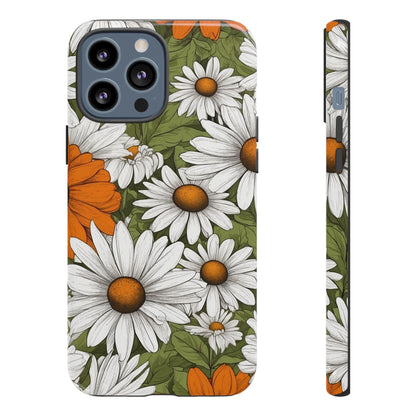 iPhone 13 Pro Max / Glossy Phone Case - Boho Chic Daisies Floral Pattern ’White Orange & Green’ Phone Case