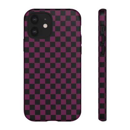 iPhone 12 / Glossy Phone Case - Trendy Plum & Black Small Checked Pattern Phone Case