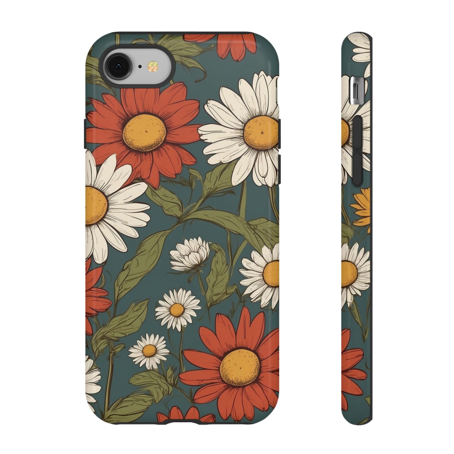 iPhone 8 / Glossy Phone Case - Boho Chic Daisies Floral Pattern ’White & Red’ Phone Case