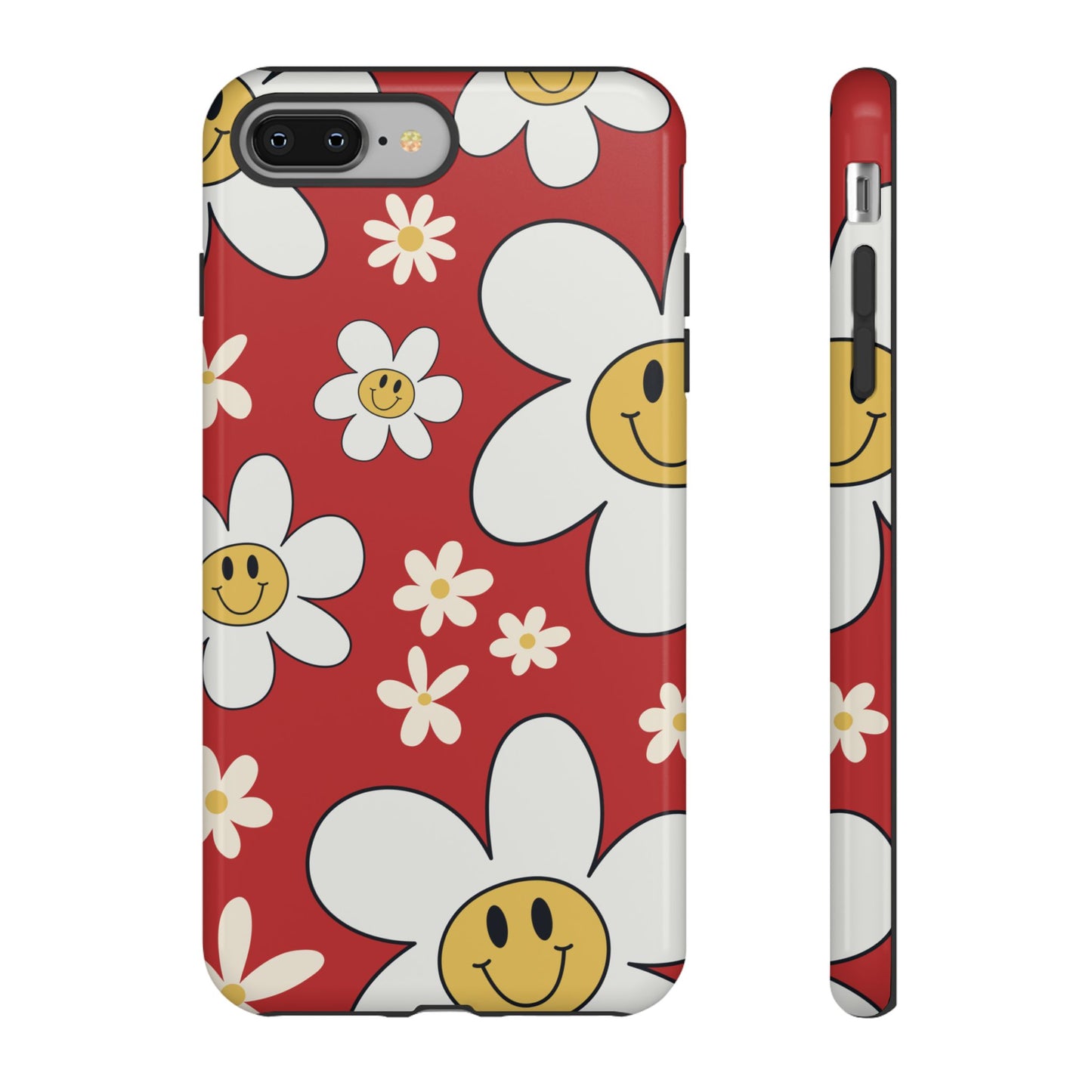 iPhone 8 Plus / Glossy Phone Case - Fun Retro Daisy Pattern with Red Background Phone Case