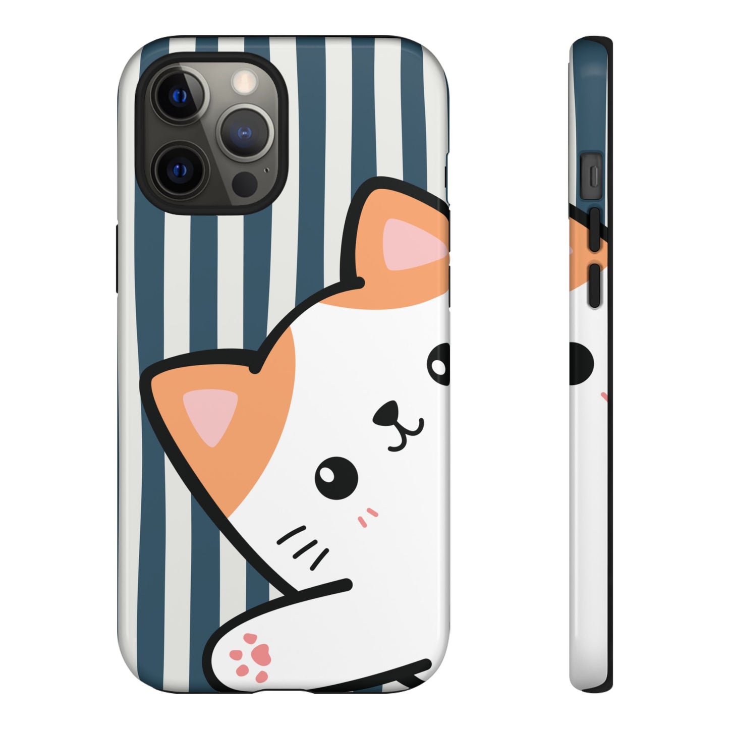 Playful Peakaboo Cat with Blue Stripe Pattern Phone Case - Blue Phone Case - iPhone 12 Pro Max / Glossy