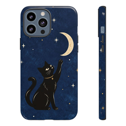 Whimsical Navy Blue Celestial Black Cat Phone Case