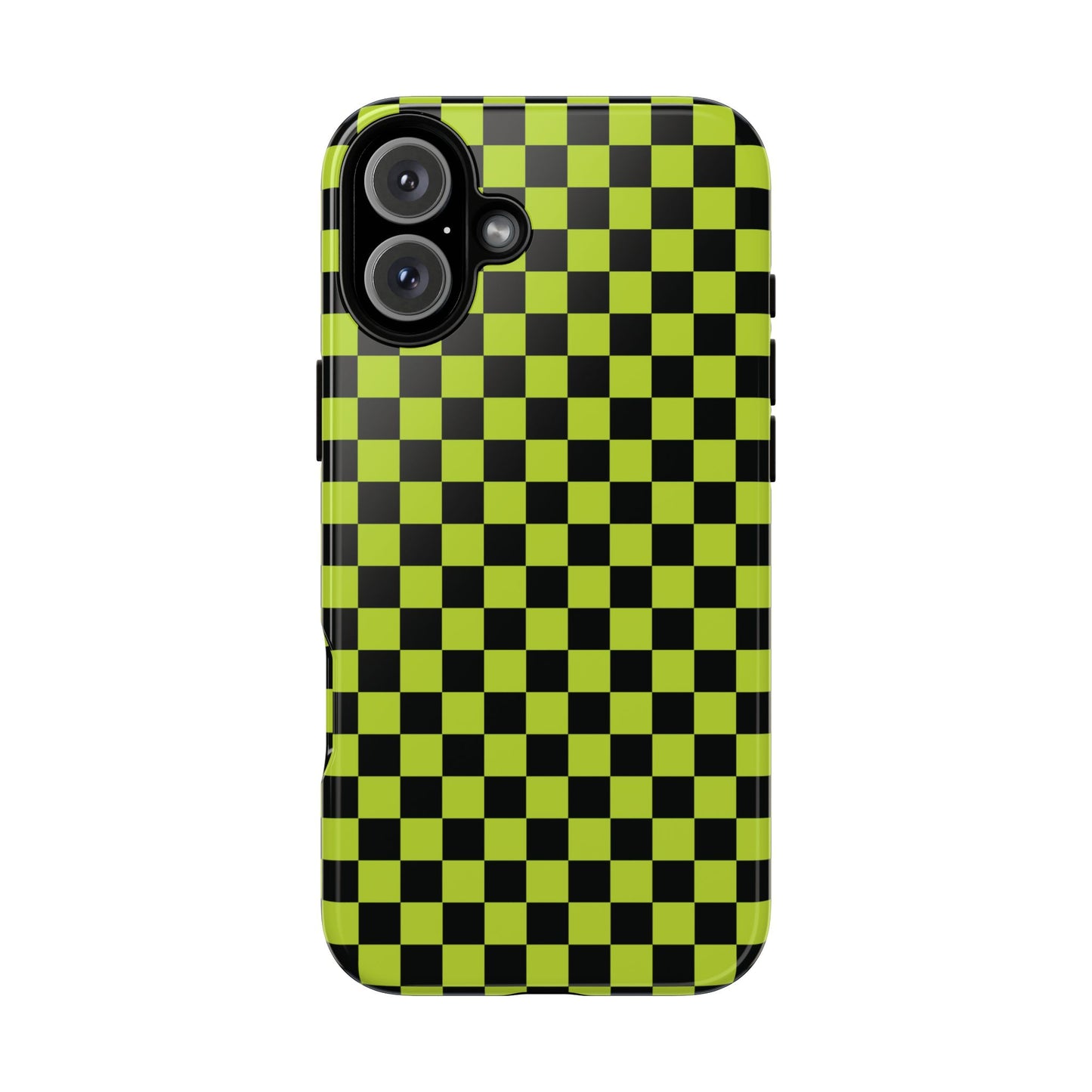 iPhone 16 Plus / Glossy Phone Case - Trendy Neon Lime Green & Plum Small Checked Pattern Phone Case