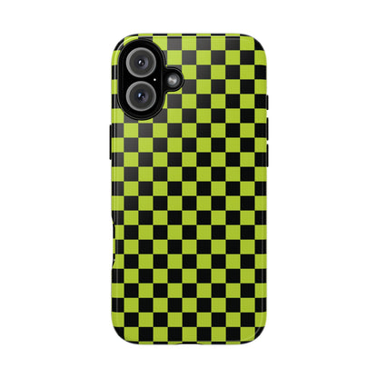 iPhone 16 Plus / Glossy Phone Case - Trendy Neon Lime Green & Plum Small Checked Pattern Phone Case