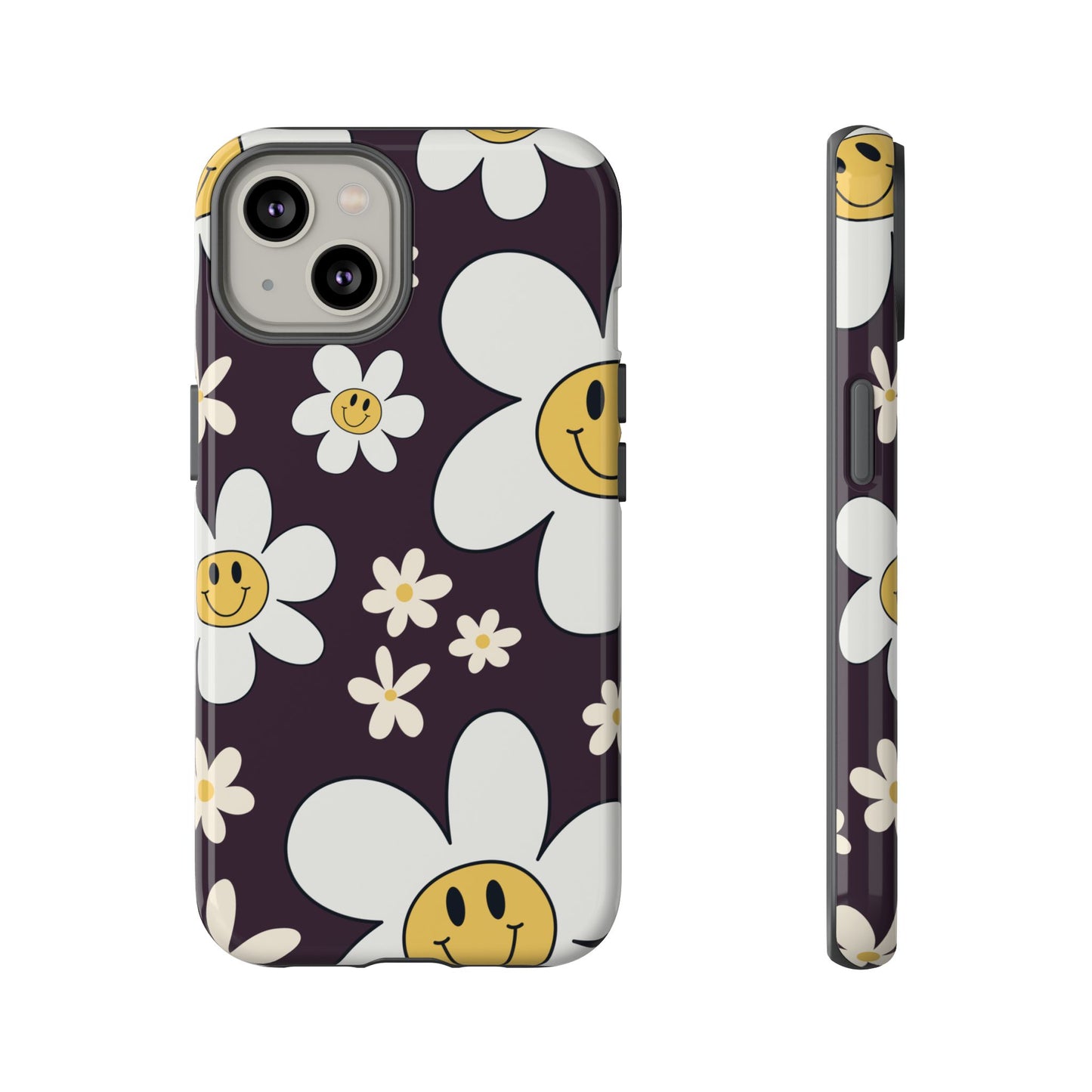 iPhone 14 / Glossy Phone Case - Fun Retro Daisy Pattern with Purple Background Phone Case