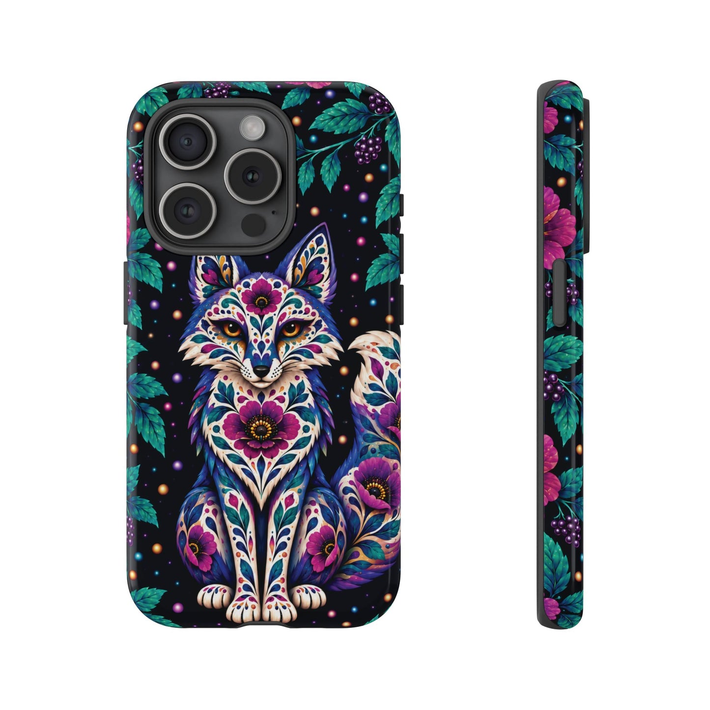 Vibrant Purple and Teal Calavera Fox Phone Case - Multicolor Phone Case - iPhone 15 Pro / Glossy