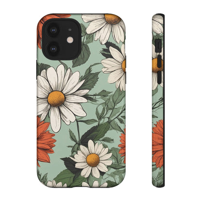 iPhone 12 / Glossy Phone Case - Boho Chic Daisies Floral Pattern ’White & Orange’ Phone Case