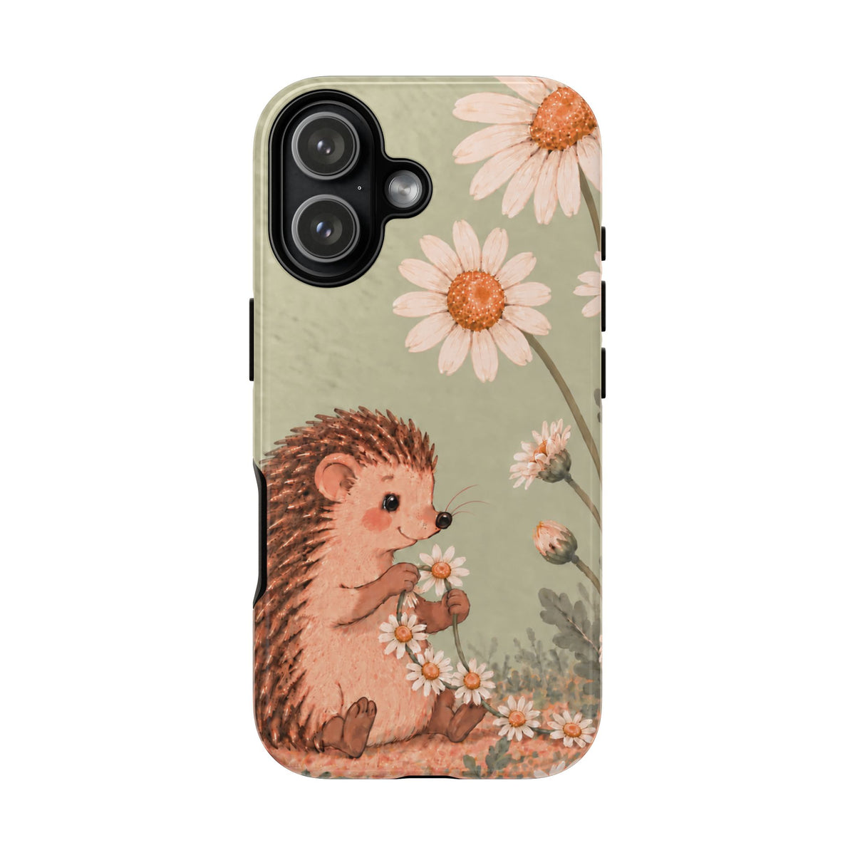 Whimsical Sage Green Hedgehog and Daisy Chain Phone Case - Green Phone Case - iPhone 17 / Glossy