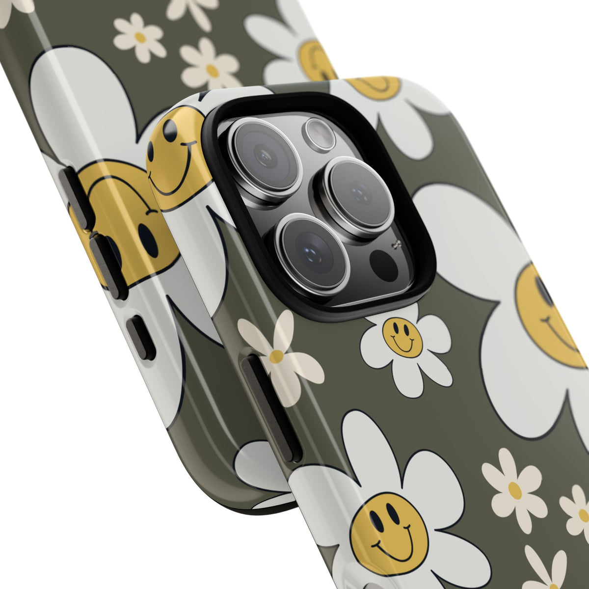 Fun Retro Daisy Pattern with Olive Green Background Phone Case - Green Phone Case