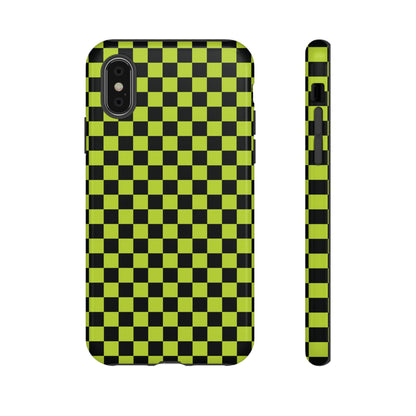 iPhone XS / Glossy Phone Case - Trendy Neon Lime Green & Plum Small Checked Pattern Phone Case