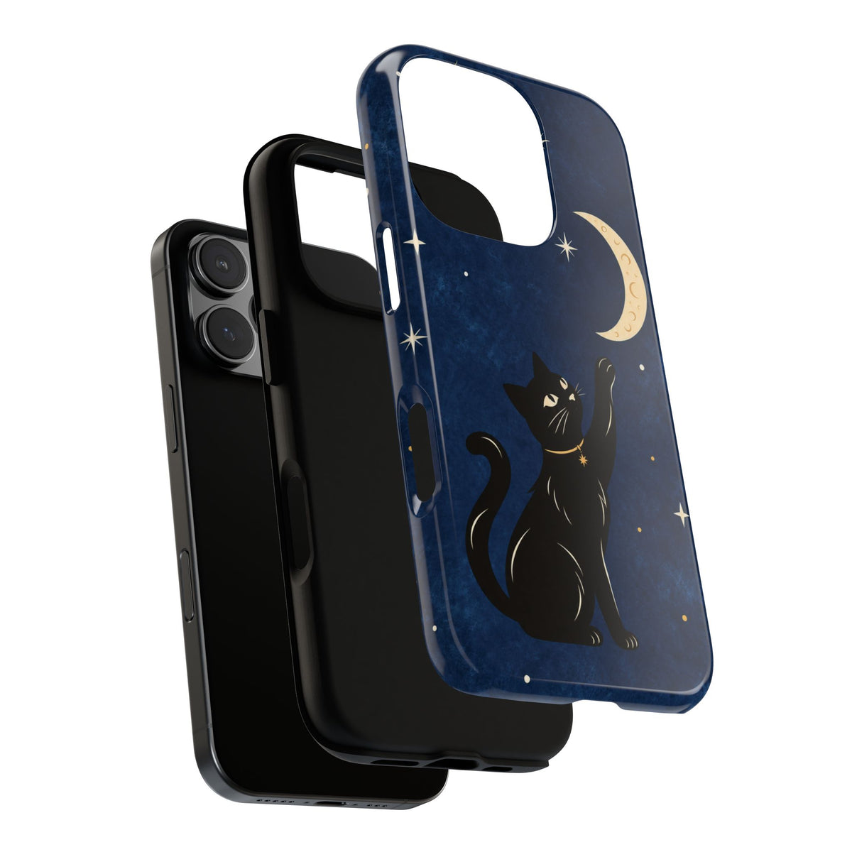 Whimsical Navy Blue Celestial Black Cat Phone Case