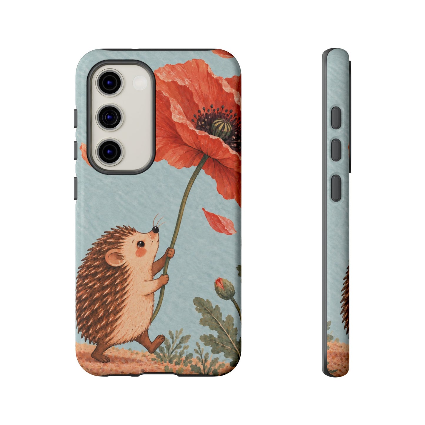 Whimsical Pale Blue Hedgehog and Poppy Phone Case - Blue Phone Case - Samsung Galaxy S23 / Glossy