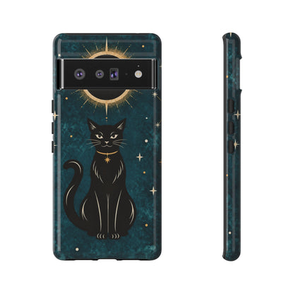 Whimsical Teal Celestial Black Cat Phone Case