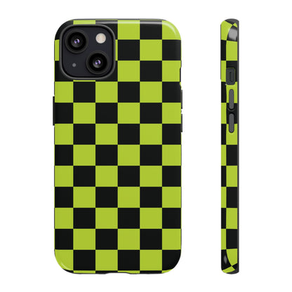 iPhone 13 / Glossy Phone Case - Trendy Neon Lime Green & Black Checked Pattern Phone Case