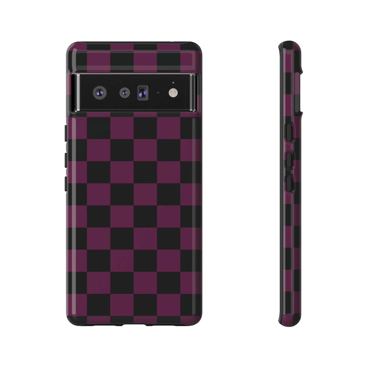 Google Pixel 6 Pro / Glossy Phone Case - Trendy Plum & Black Checked Pattern Phone Case