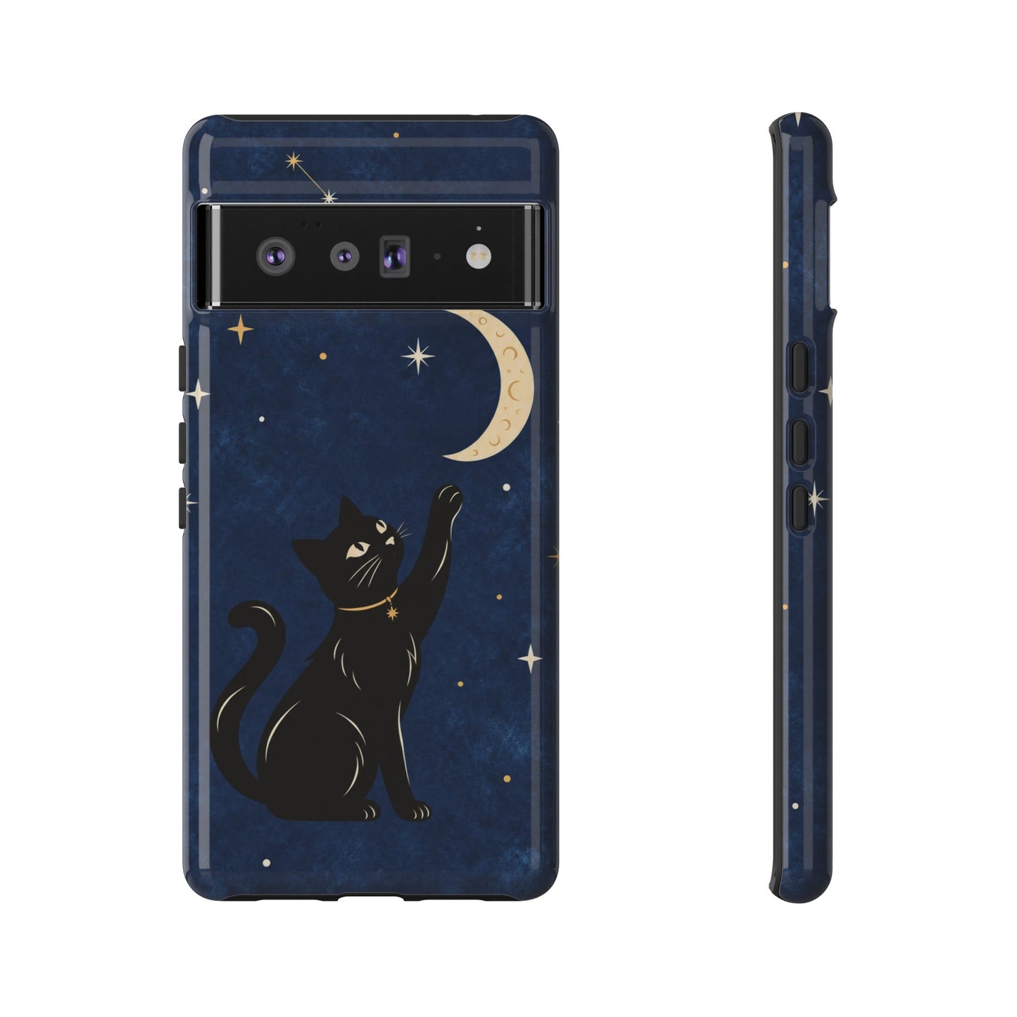 Whimsical Navy Blue Celestial Black Cat Phone Case