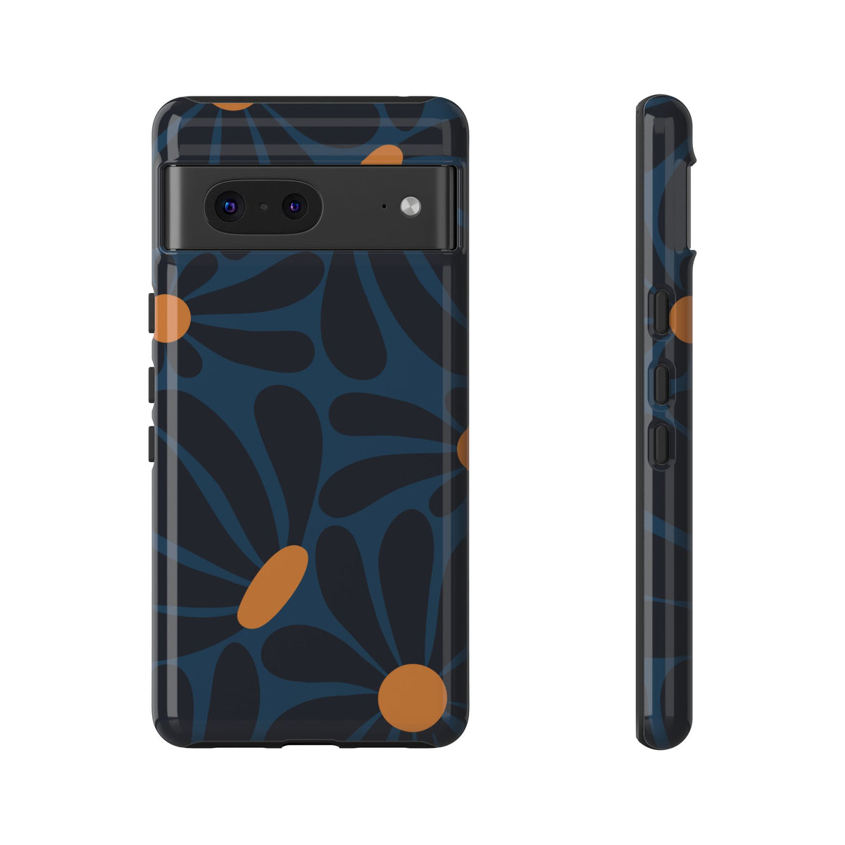 Dark Blue & Orange Daisy Pattern Phone Case - Blue Phone Case - Google Pixel 7 / Glossy