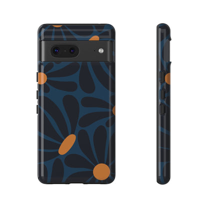 Dark Blue & Orange Daisy Pattern Phone Case - Blue Phone Case - Google Pixel 7 / Glossy