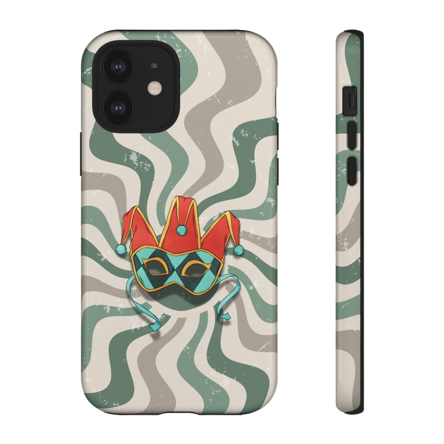 iPhone 12 / Glossy Phone Case - Venetian Jester Mask – Green Retro Soft Revival Phone Case