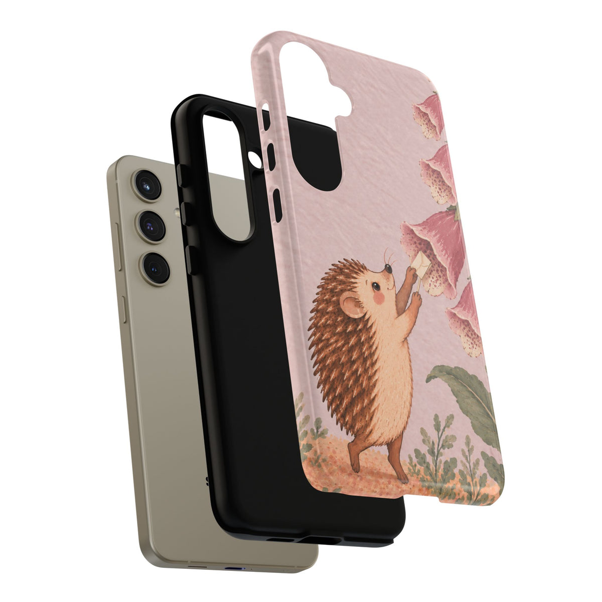 Whimsical Blush Pink Hedgehog and Foxglove Phone Case - Pink Phone Case
