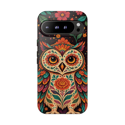Vibrant Terracotta and Teal Calavera Owl Phone Case - Multicolor Phone Case - Google Pixel 9 Pro XL / Glossy