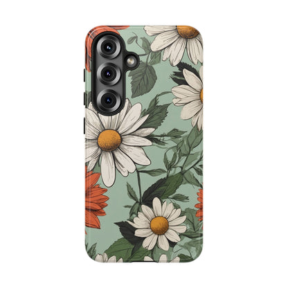 Samsung Galaxy S25 / Glossy Phone Case - Boho Chic Daisies Floral Pattern ’White & Orange’ Phone Case