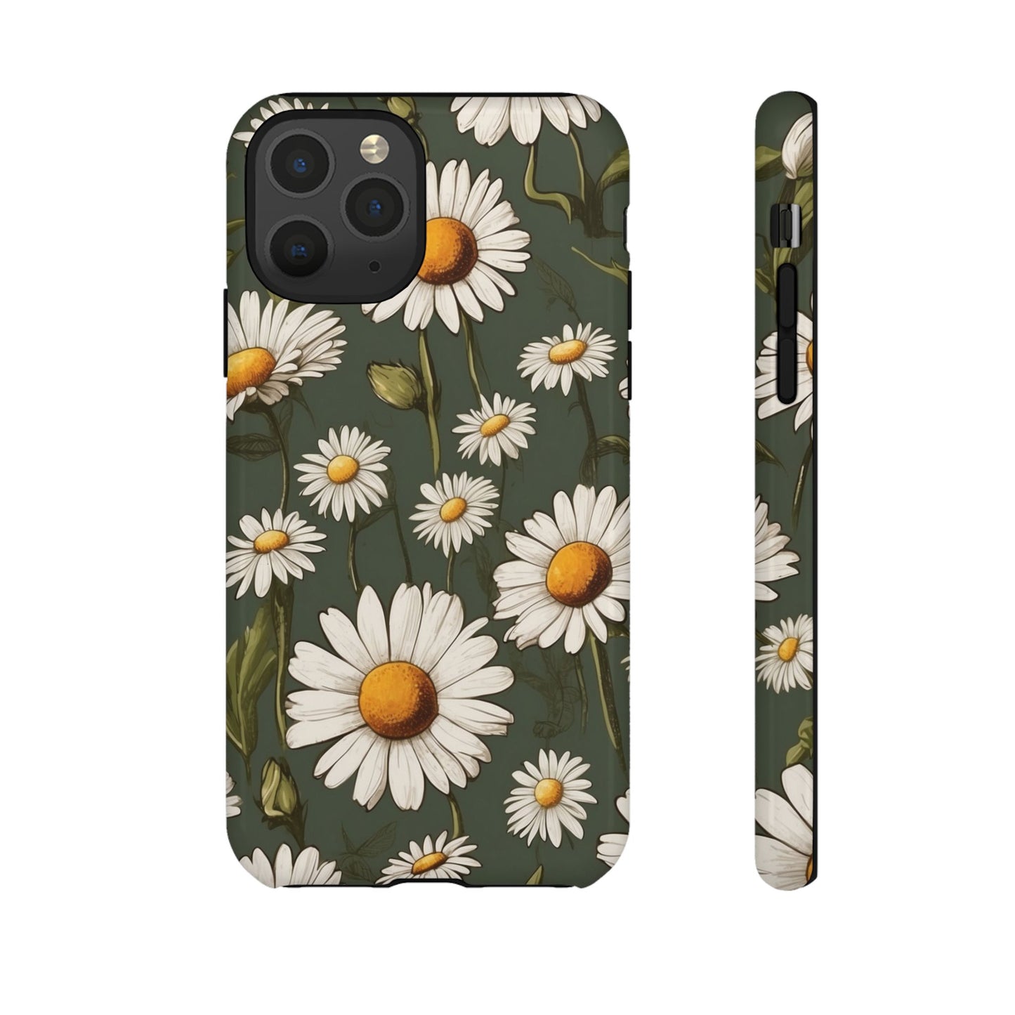 iPhone 11 Pro / Glossy Phone Case - Boho Chic Daisies Floral Pattern ’White & Green’ Phone Case