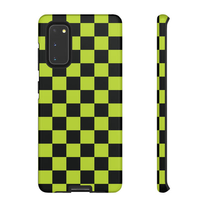 Samsung Galaxy S20 / Glossy Phone Case - Trendy Neon Lime Green & Black Checked Pattern Phone Case