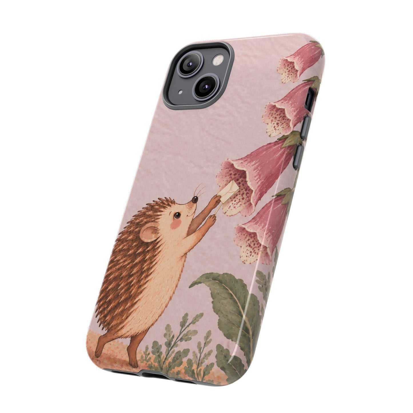 Whimsical Blush Pink Hedgehog and Foxglove Phone Case - Pink Phone Case