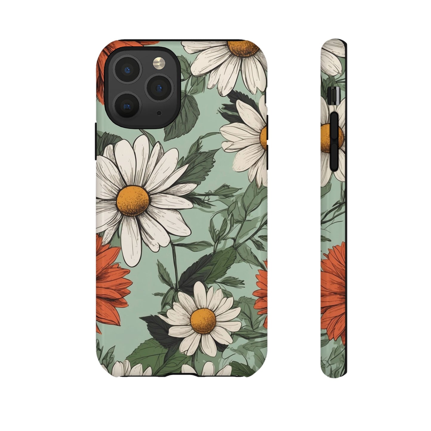 iPhone 11 Pro / Glossy Phone Case - Boho Chic Daisies Floral Pattern ’White & Orange’ Phone Case