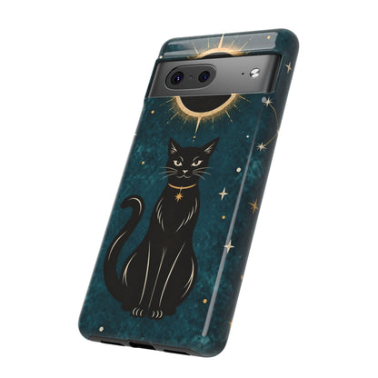 Whimsical Teal Celestial Black Cat Phone Case