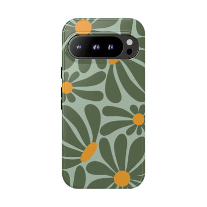 Google Pixel 9 Pro / Glossy Phone Case - Retro Green Daisy Pattern Phone Case