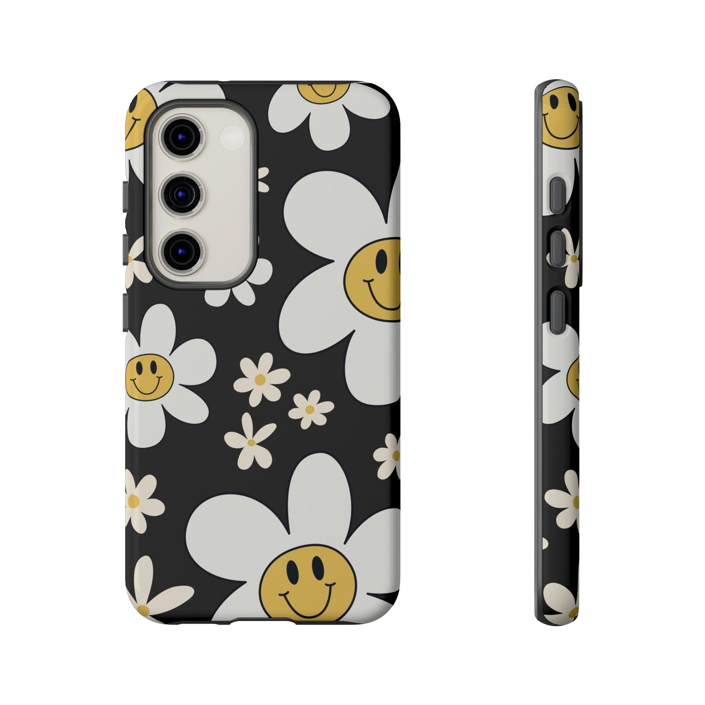 Samsung Galaxy S23 / Glossy Phone Case - Fun Retro Daisy Pattern with Dark Grey Background Phone Case