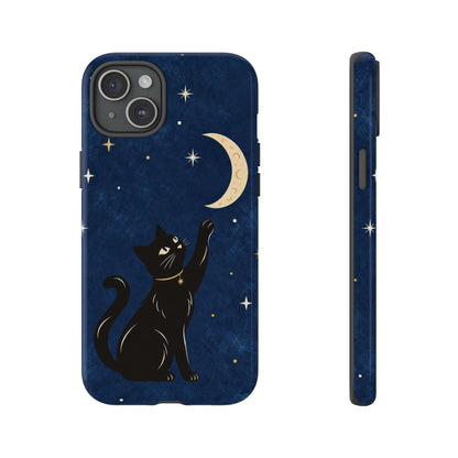 Whimsical Navy Blue Celestial Black Cat Phone Case