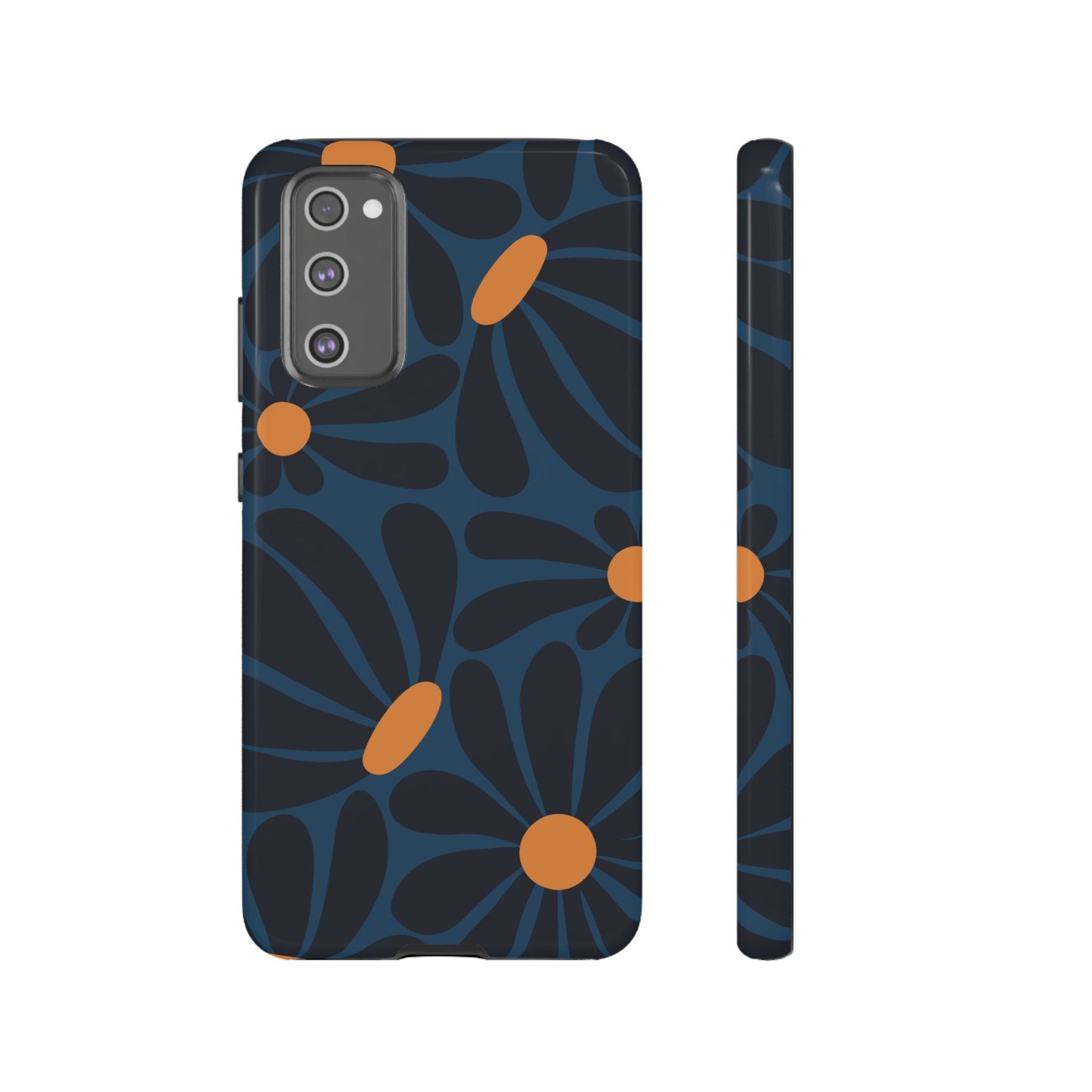 Samsung Galaxy S20 FE / Glossy Phone Case - ’Dark Blue & Orange Daisy Pattern’ Phone Case