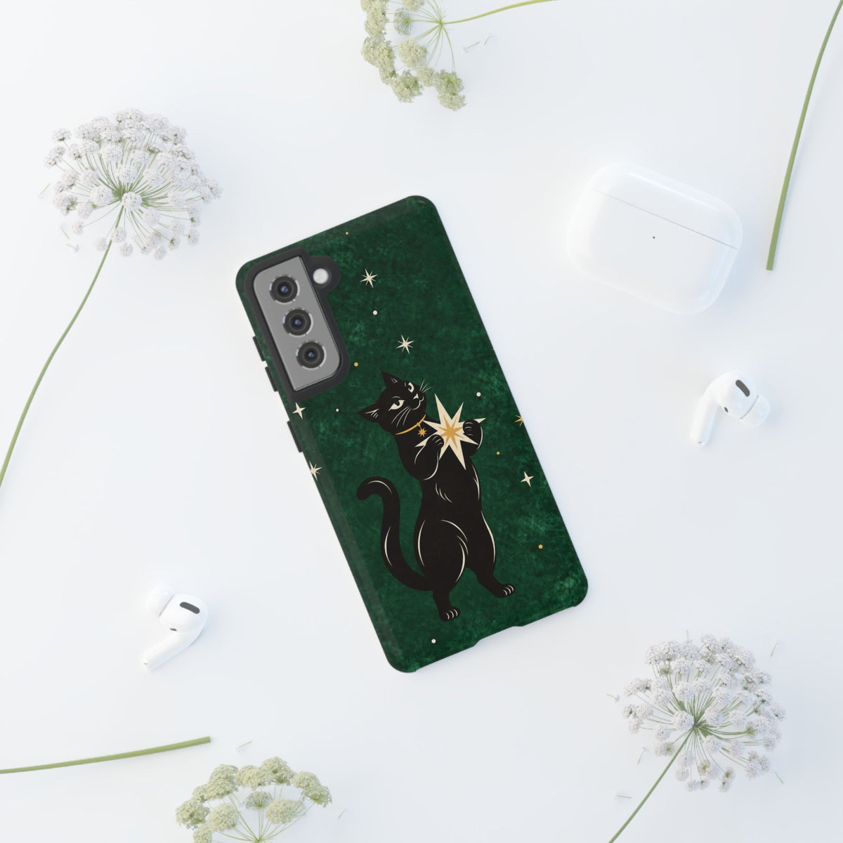 Forest Green Celestial Black Cat Phone Case - Green Phone Case