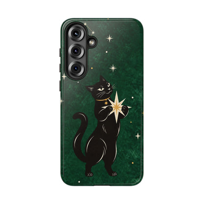 Forest Green Celestial Black Cat Phone Case - Green Phone Case - Samsung Galaxy S25 Plus / Glossy