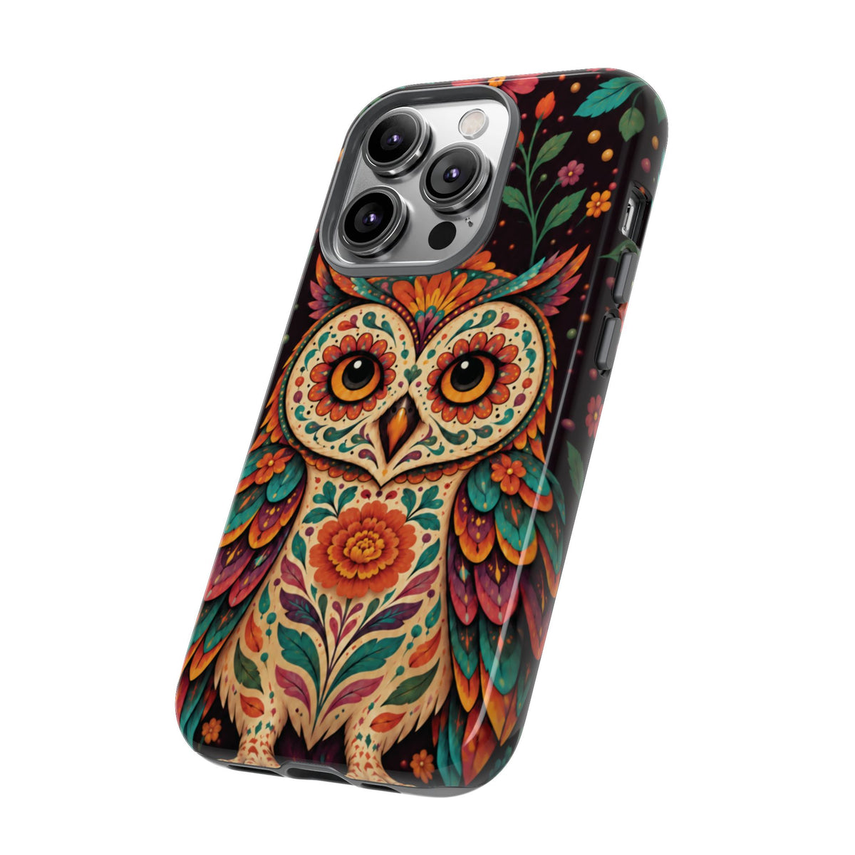 Vibrant Terracotta and Teal Calavera Owl Phone Case - Multicolor Phone Case