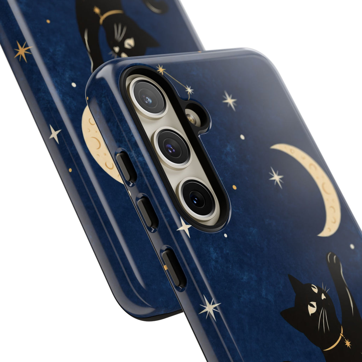 Whimsical Navy Blue Celestial Black Cat Phone Case