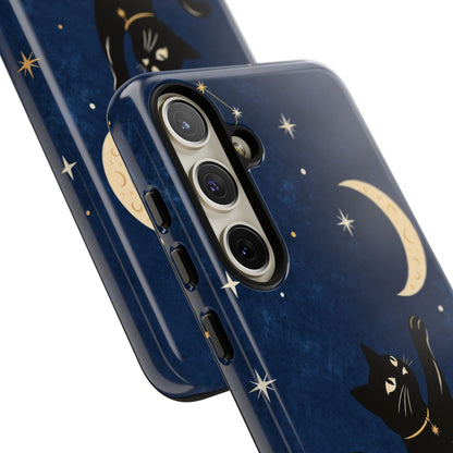 Whimsical Navy Blue Celestial Black Cat Phone Case